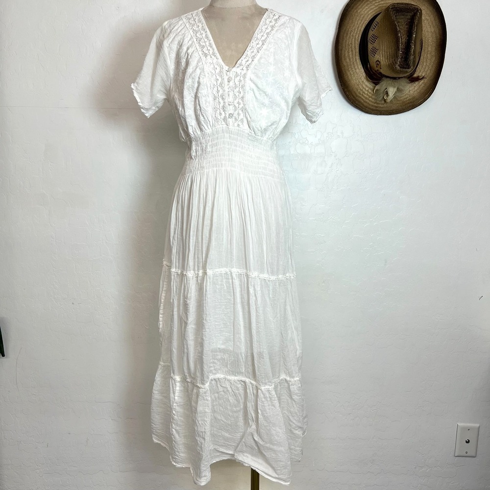 S.R. Fashion Cottagcore 100% Cotton Smocked Tiered White Dress Sz S  Lace  Trim